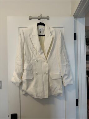 Double-Breasted Ivory Blazer Jacket - Women's Tailored Suit Jacket